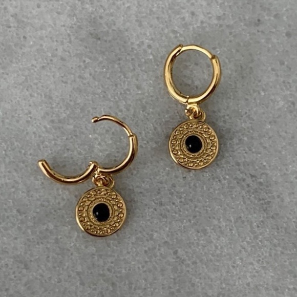 Gold Medallion Disc Boho Dangle Huggie Hoop Earrings - Picture 2 of 2